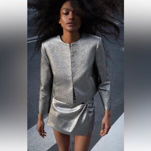 Zara 2pc Skirt Suit Coated Silver Metallic Co Ord Set Size S/M NWT
